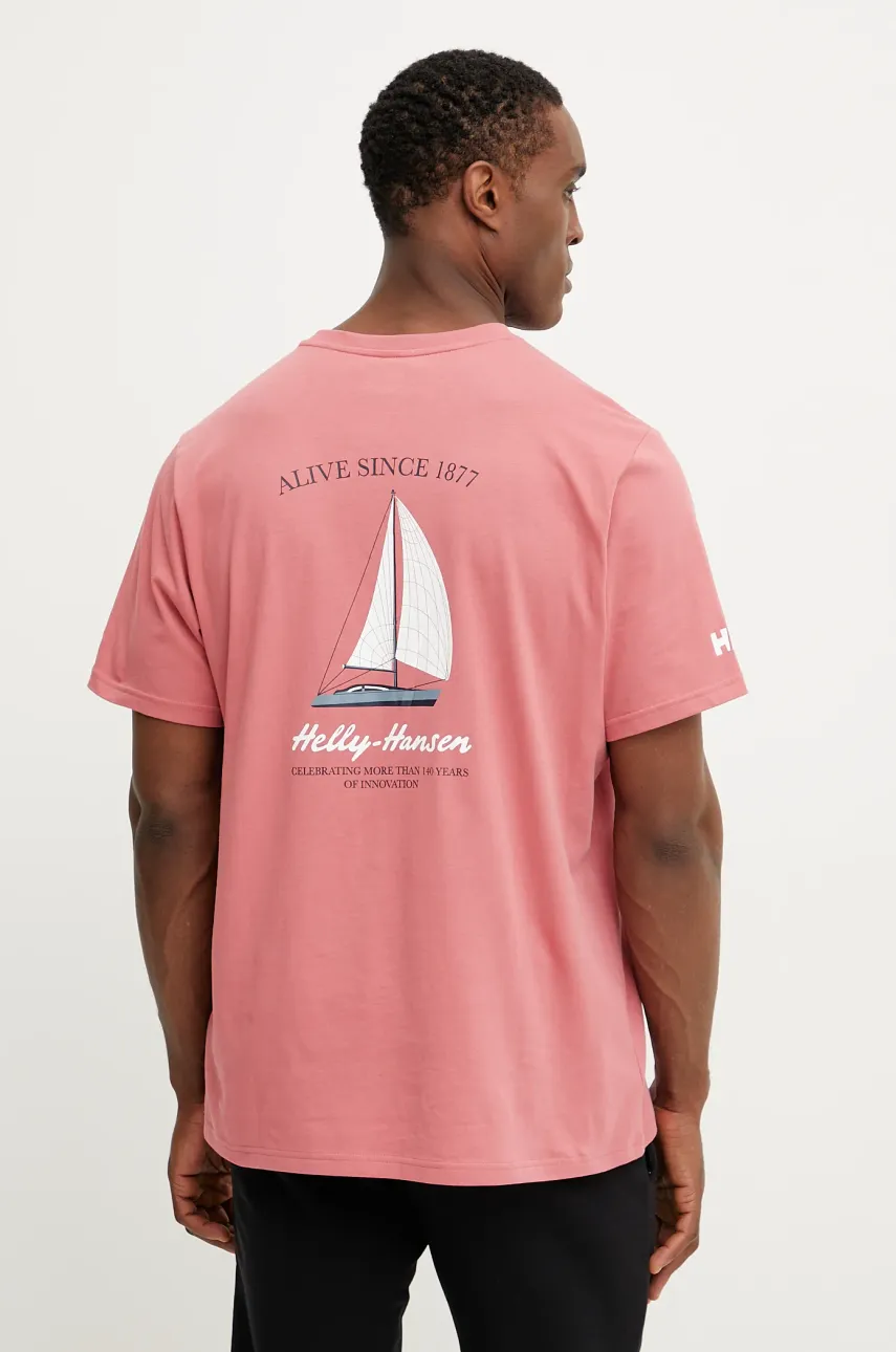 Хлопковая футболка Helly Hansen SHORELINE мужская цвет розовый с принтом 54601 Хлопковая футболка Helly Hansen SHORELINE мужская цвет розовый с принтом 54601