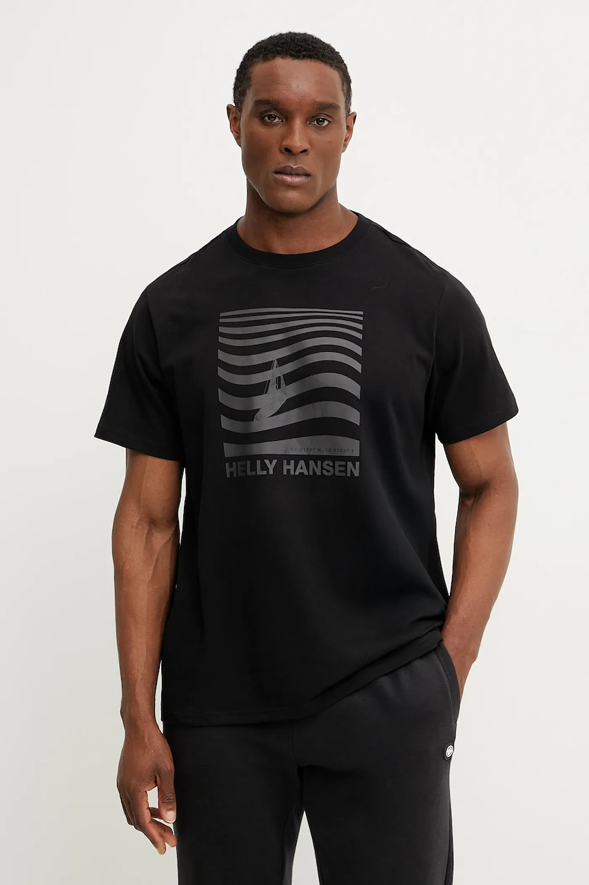 Helly Hansen tricou din bumbac SHORELINE bărbați, culoarea negru, cu imprimeu, 54601 Helly Hansen tricou din bumbac SHORELINE bărbați, culoarea negru, cu imprimeu, 54601