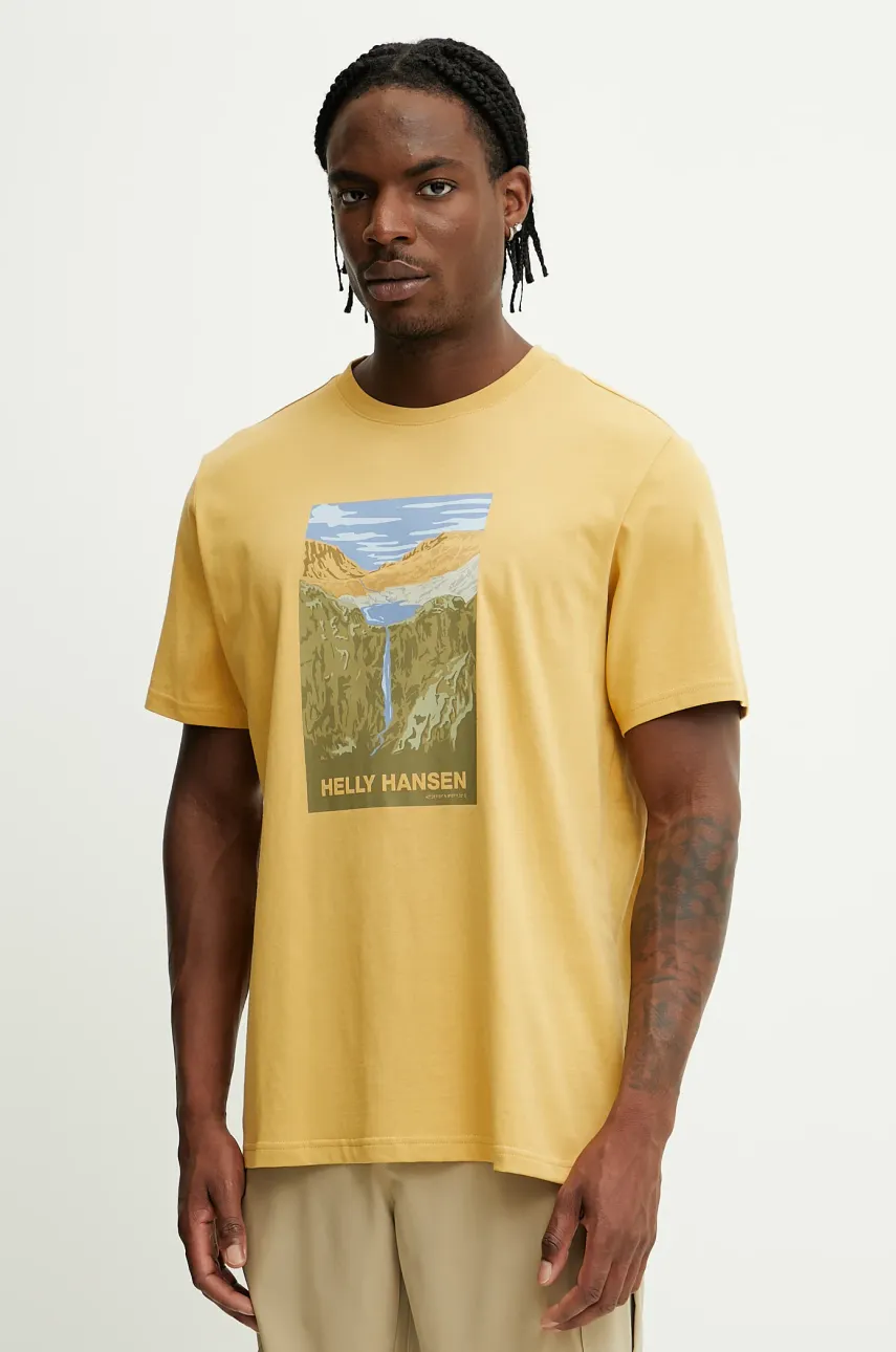 Levně Bavlněné tričko Helly Hansen MASSIF GRAPHIC pánské, žlutá barva, s potiskem, 54600