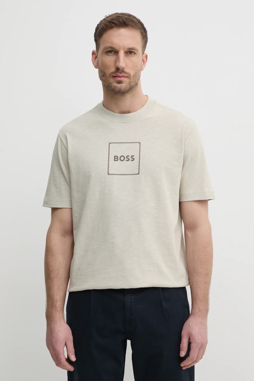 BOSS Orange tricou din amestec de in bărbați, culoarea bej, cu imprimeu, 50536729 BOSS Orange tricou din amestec de in bărbați, culoarea bej, cu imprimeu, 50536729
