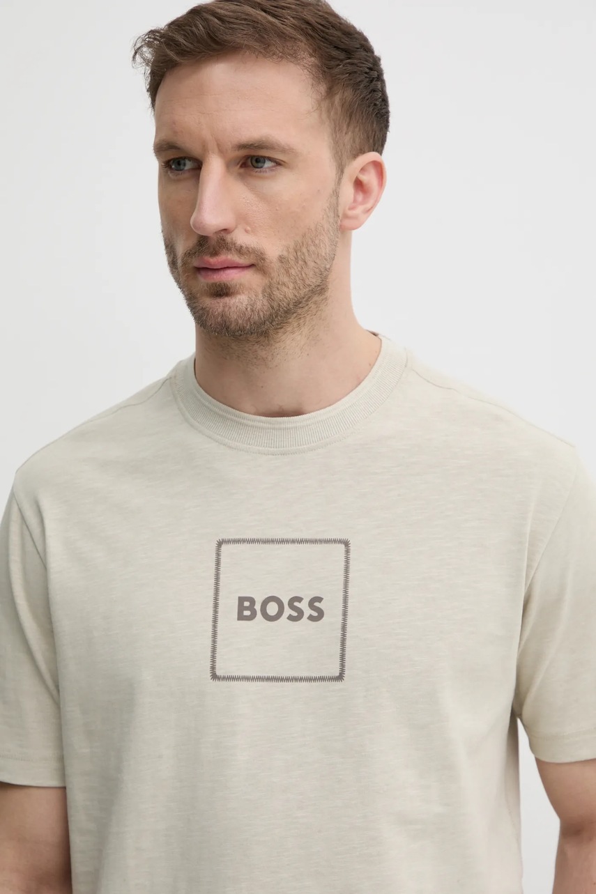 Μπλουζάκι με λινό μείγμα BOSS Orange ανδρικό, χρώμα: μπεζ, 50536729 φωτογραφία