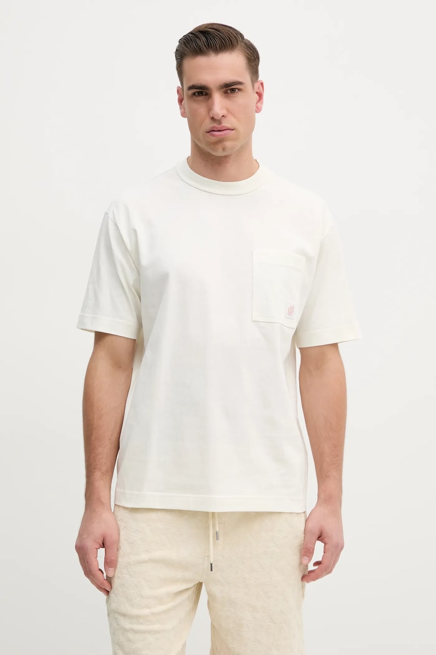 BOSS Orange tricou din bumbac barbati, culoarea bej, neted, 50536784