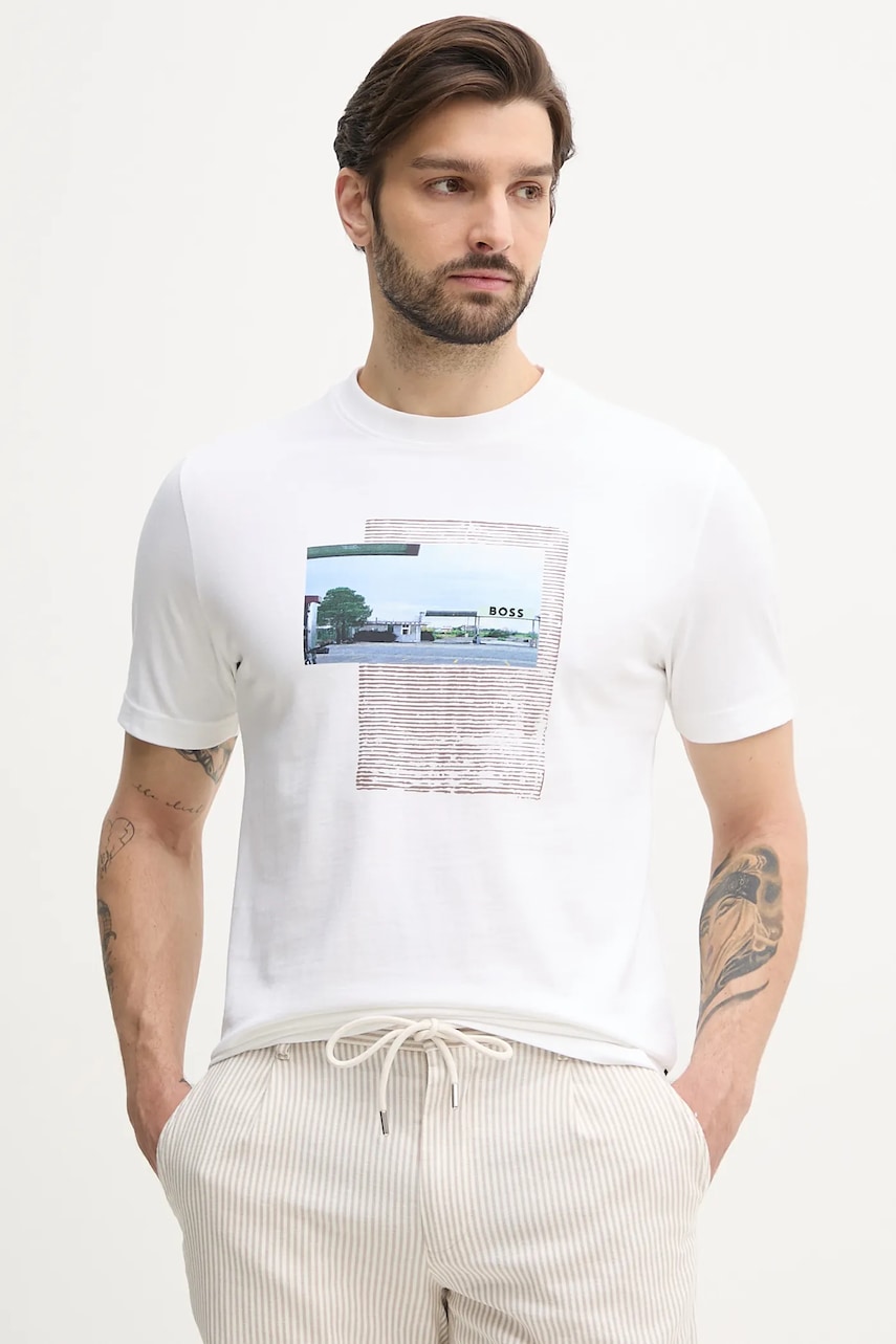 BOSS Orange tricou din bumbac barbati, culoarea alb, cu imprimeu, 50539180