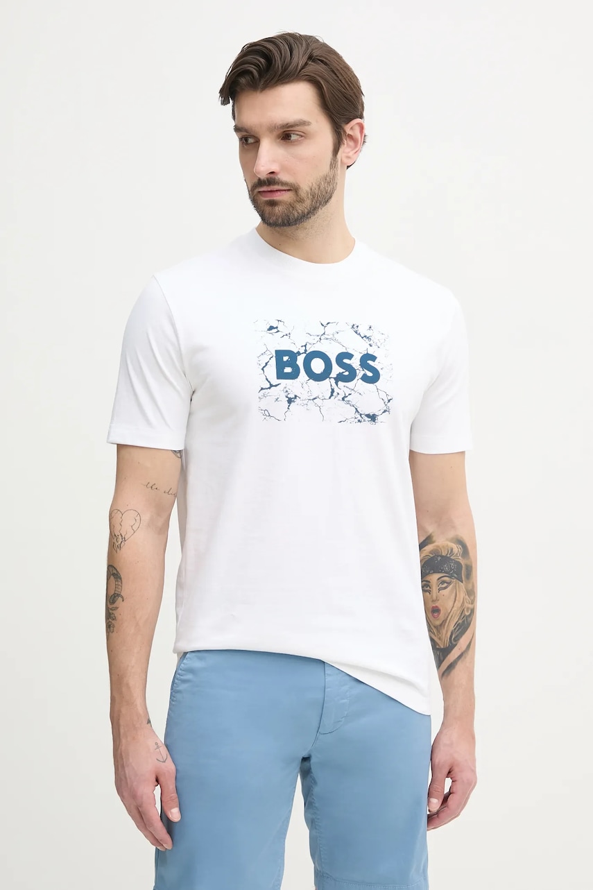 BOSS Orange tricou din bumbac bărbați, culoarea alb, cu imprimeu, 50539186