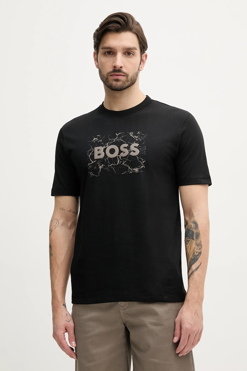 BOSS Orange tricou din bumbac bărbați, culoarea negru, cu imprimeu, 50539186