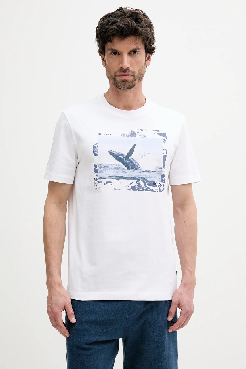 BOSS Orange tricou din bumbac culoarea alb, cu imprimeu, 50539187
