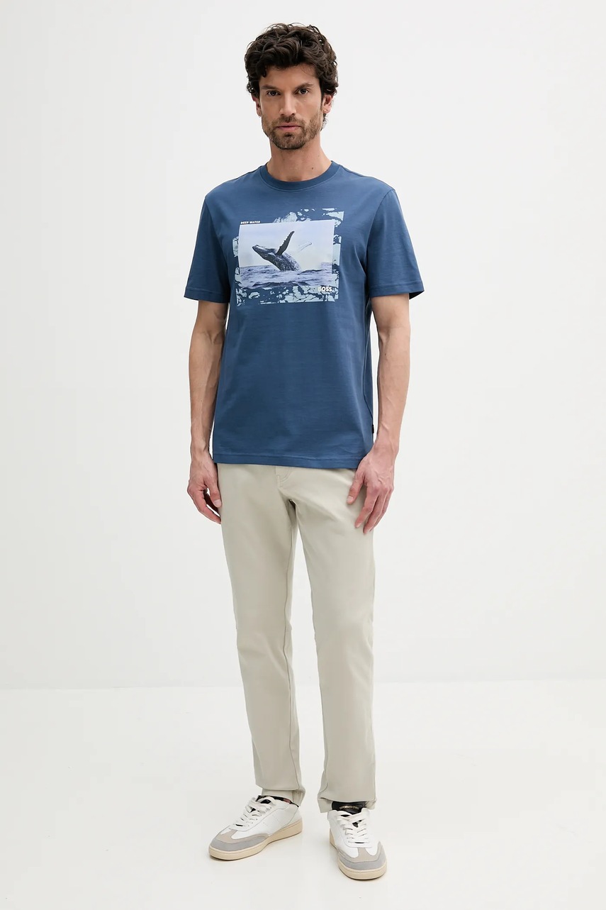 Хлопковая футболка BOSS Orange цвет синий с принтом 50539187