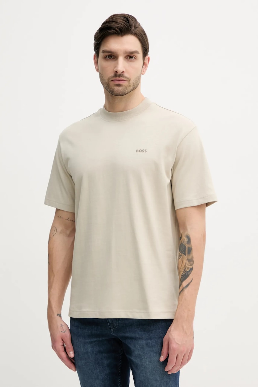 BOSS Orange tricou din bumbac barbati, culoarea bej, cu imprimeu, 50539188