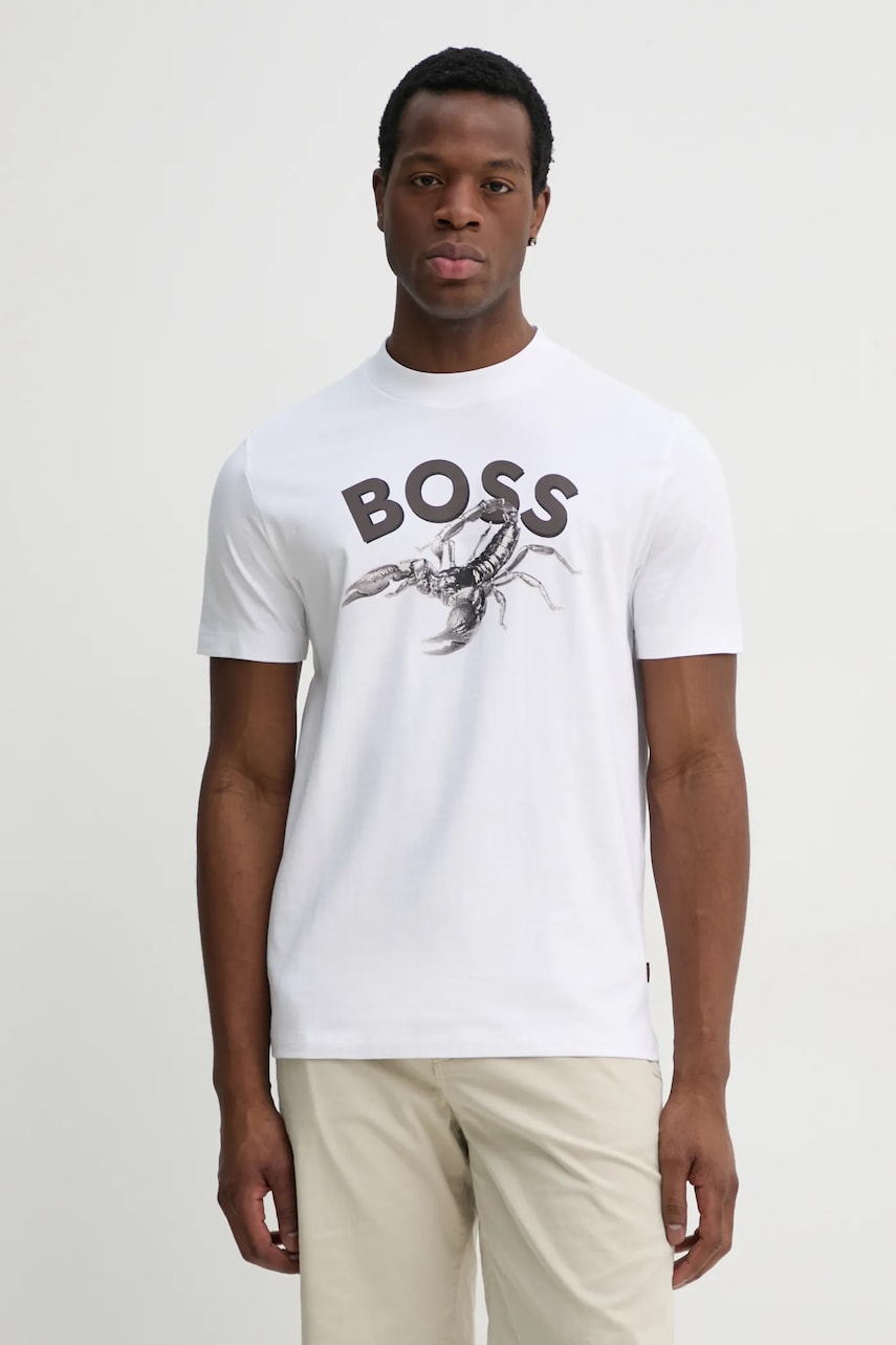 BOSS Orange tricou din bumbac barbati, culoarea alb, cu imprimeu, 50539196 BOSS Orange tricou din bumbac barbati, culoarea alb, cu imprimeu, 50539196