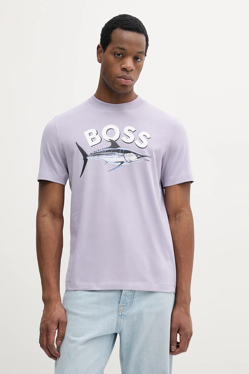 BOSS Orange tricou din bumbac barbati, culoarea violet, cu imprimeu, 50539196 BOSS Orange tricou din bumbac barbati, culoarea violet, cu imprimeu, 50539196
