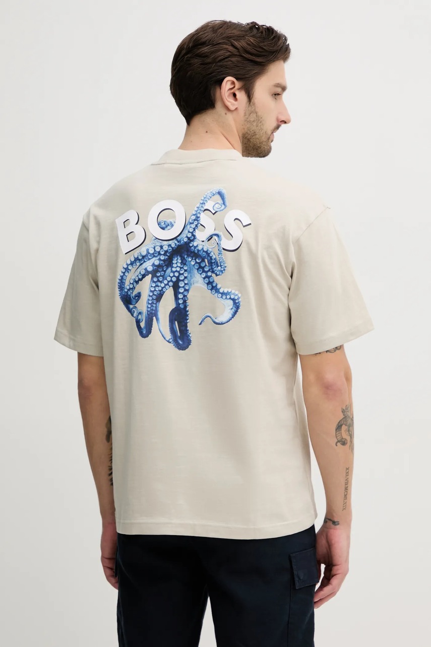 Βαμβακερό μπλουζάκι BOSS Orange ανδρικό, χρώμα: μπεζ, 50540520 φωτογραφία