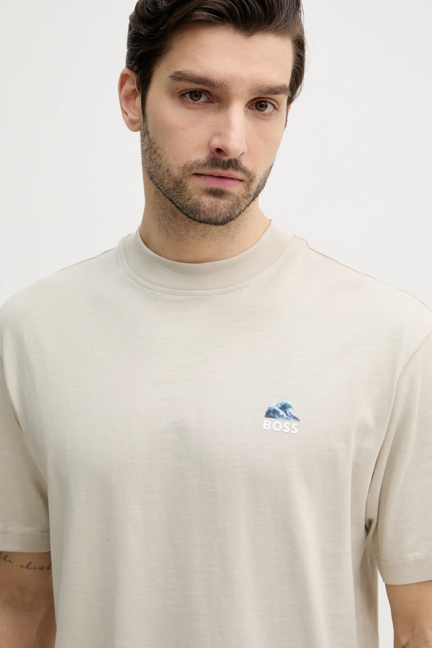 Βαμβακερό μπλουζάκι BOSS Orange ανδρικό, χρώμα: μπεζ, 50540520 φωτογραφία