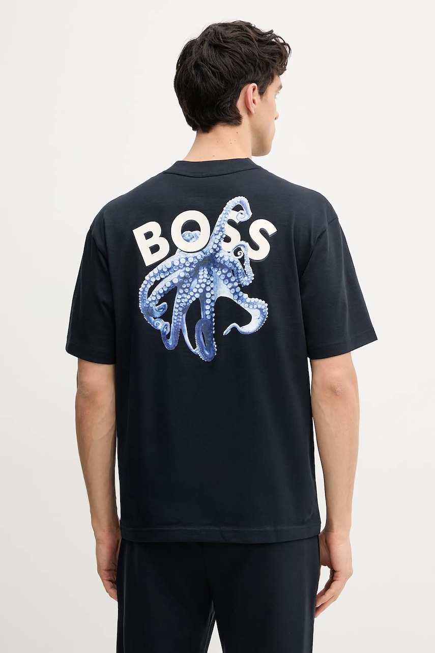 BOSS Orange tricou din bumbac barbati, culoarea albastru marin, cu imprimeu, 50540520 BOSS Orange tricou din bumbac barbati, culoarea albastru marin, cu imprimeu, 50540520