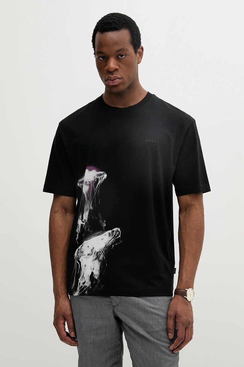 BOSS Orange tricou din bumbac culoarea negru, cu imprimeu, 50541099