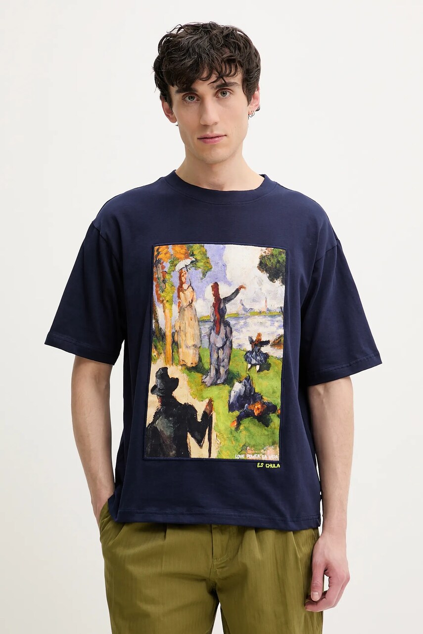 Desigual tricou din bumbac MANITOBA barbati, culoarea albastru marin, cu imprimeu, 25SMTK04