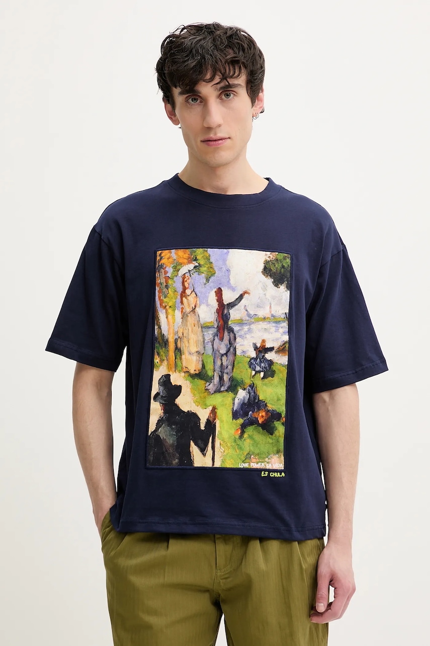 Desigual tricou din bumbac MANITOBA barbati, culoarea albastru marin, cu imprimeu, 25SMTK04