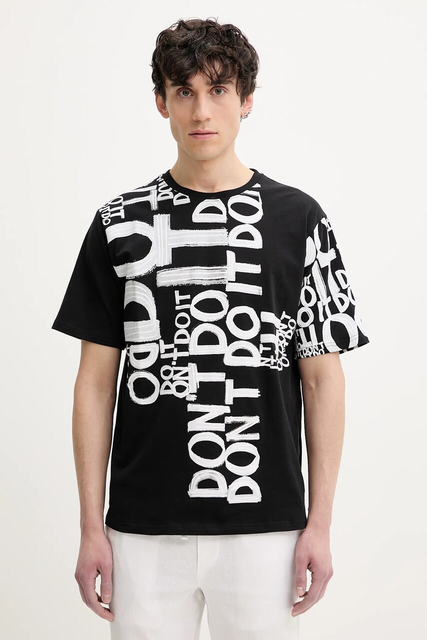 Desigual tricou din bumbac MAN MILAN barbati, culoarea negru, modelator, 25SMTK20