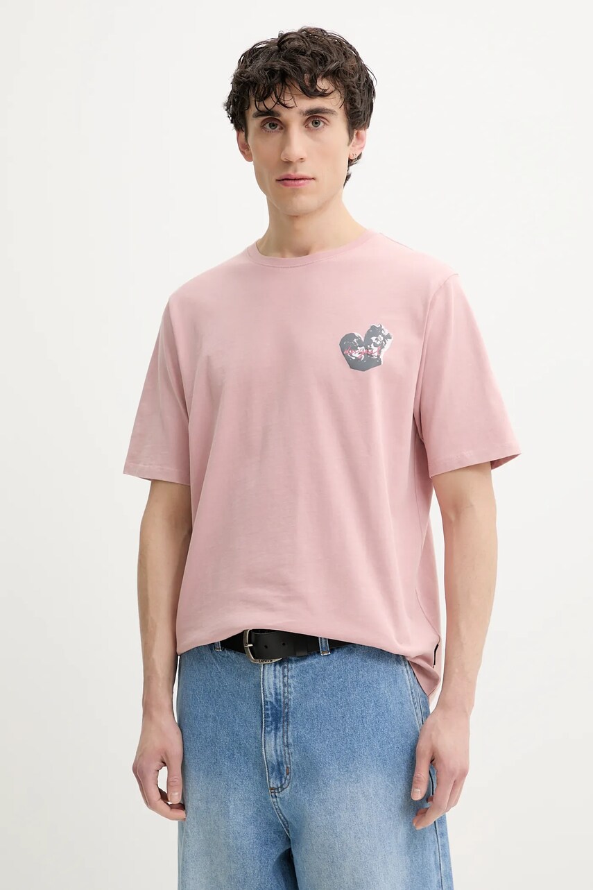 Desigual tricou din bumbac ROSA barbati, culoarea roz, cu imprimeu, 25SMTK21