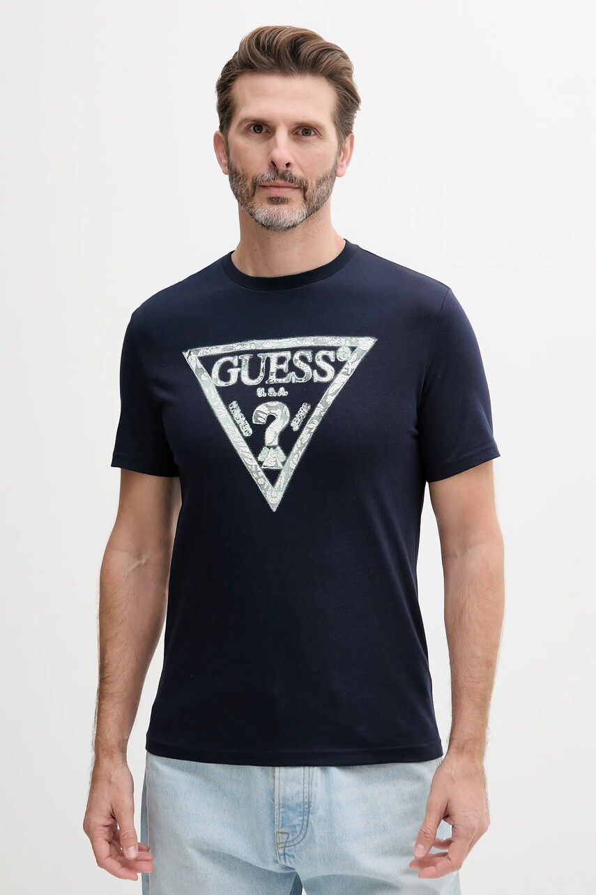Levně Bavlněné tričko Guess pánské, tmavomodrá barva, s potiskem, M5GI06 I3Z14
