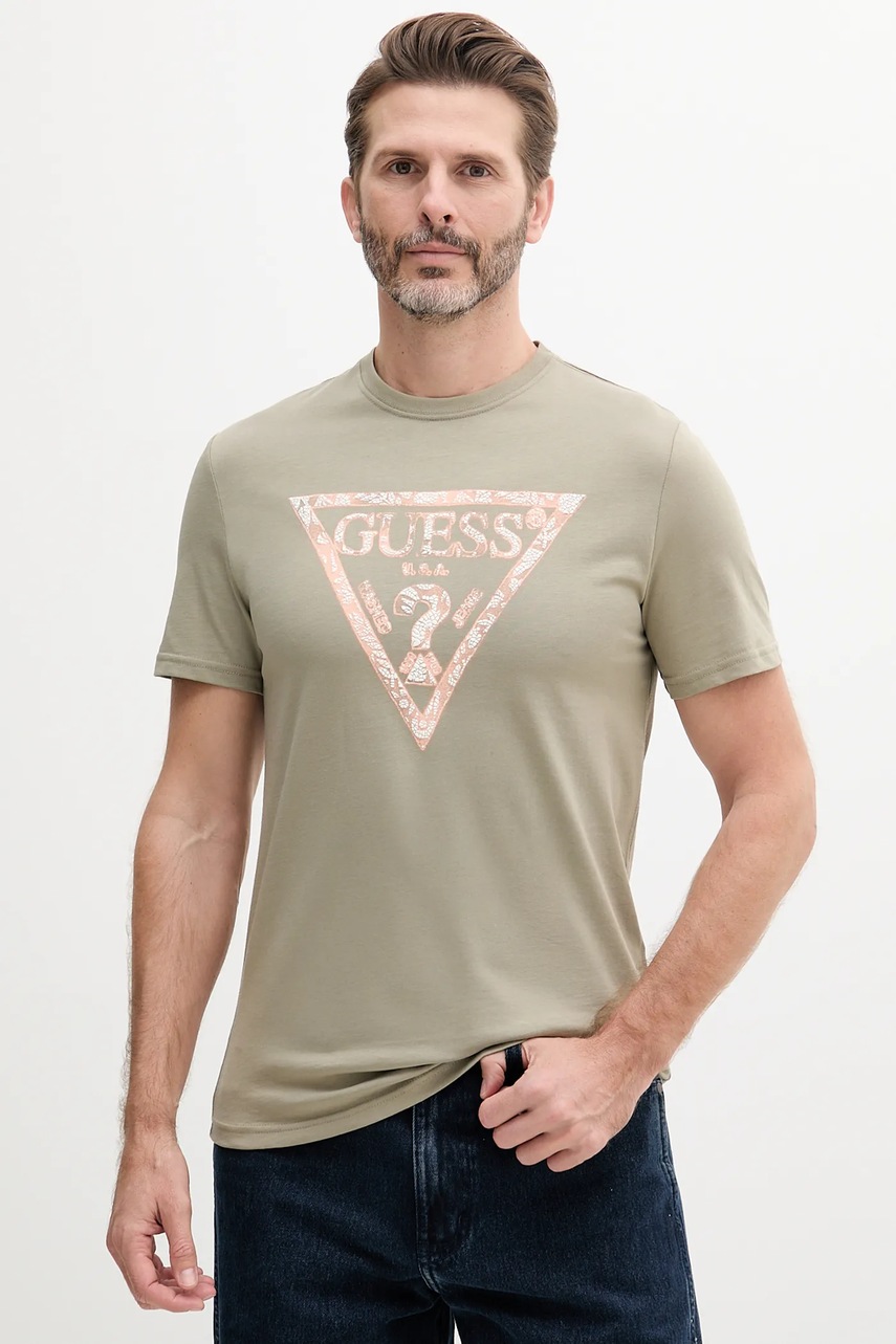 Levně Bavlněné tričko Guess pánské, zelená barva, s potiskem, M5GI06 I3Z14