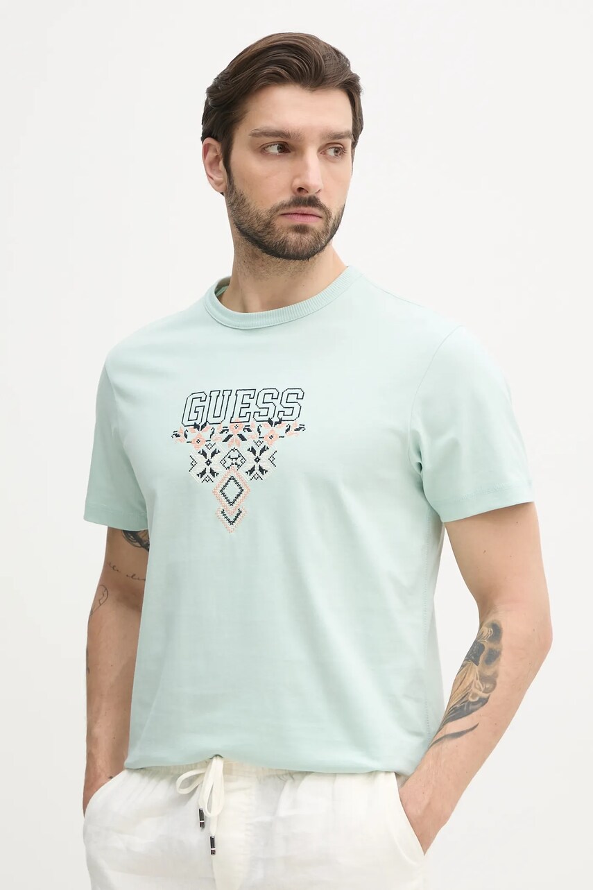 Levně Bavlněné tričko Guess zelená barva, s aplikací, M5GI11 K8FQ4
