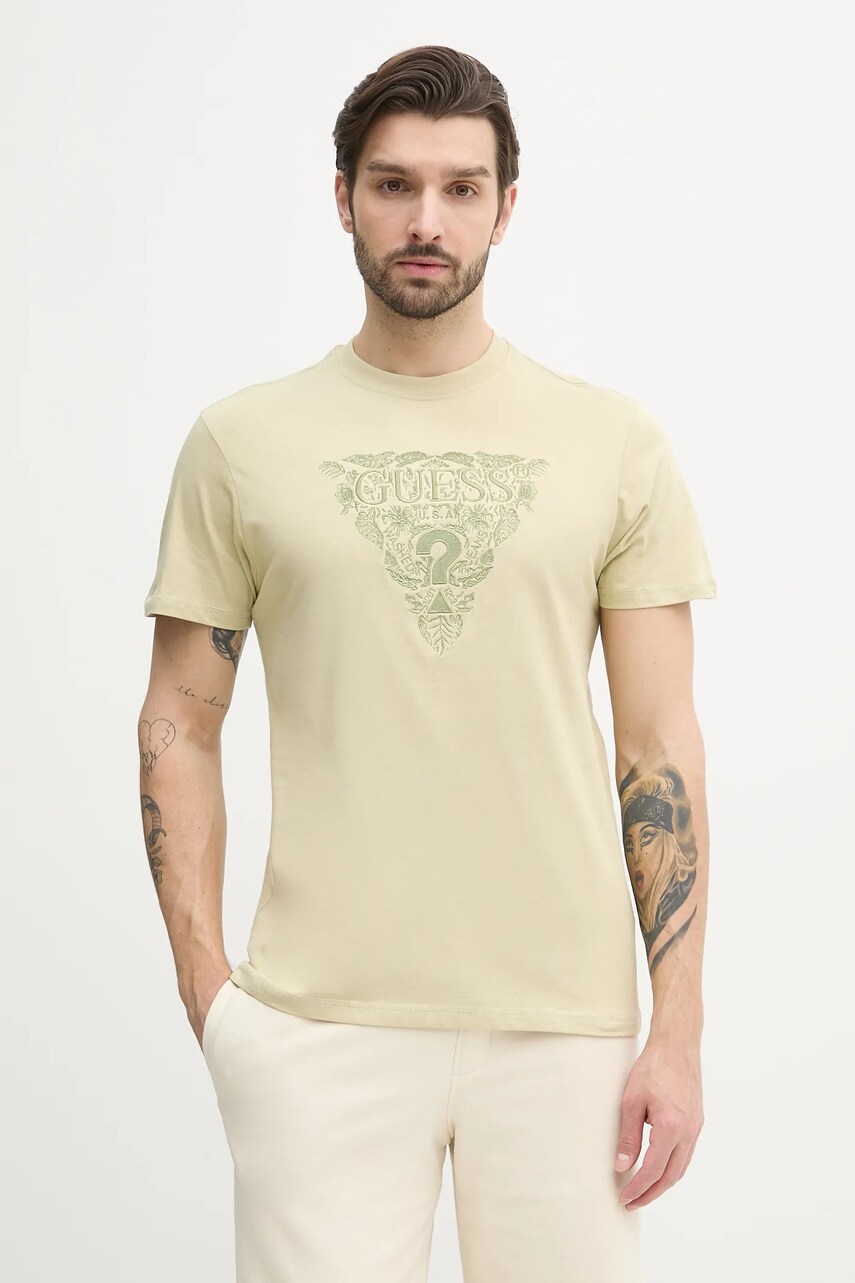 Levně Bavlněné tričko Guess béžová barva, s aplikací, M5GI16 K8FQ4