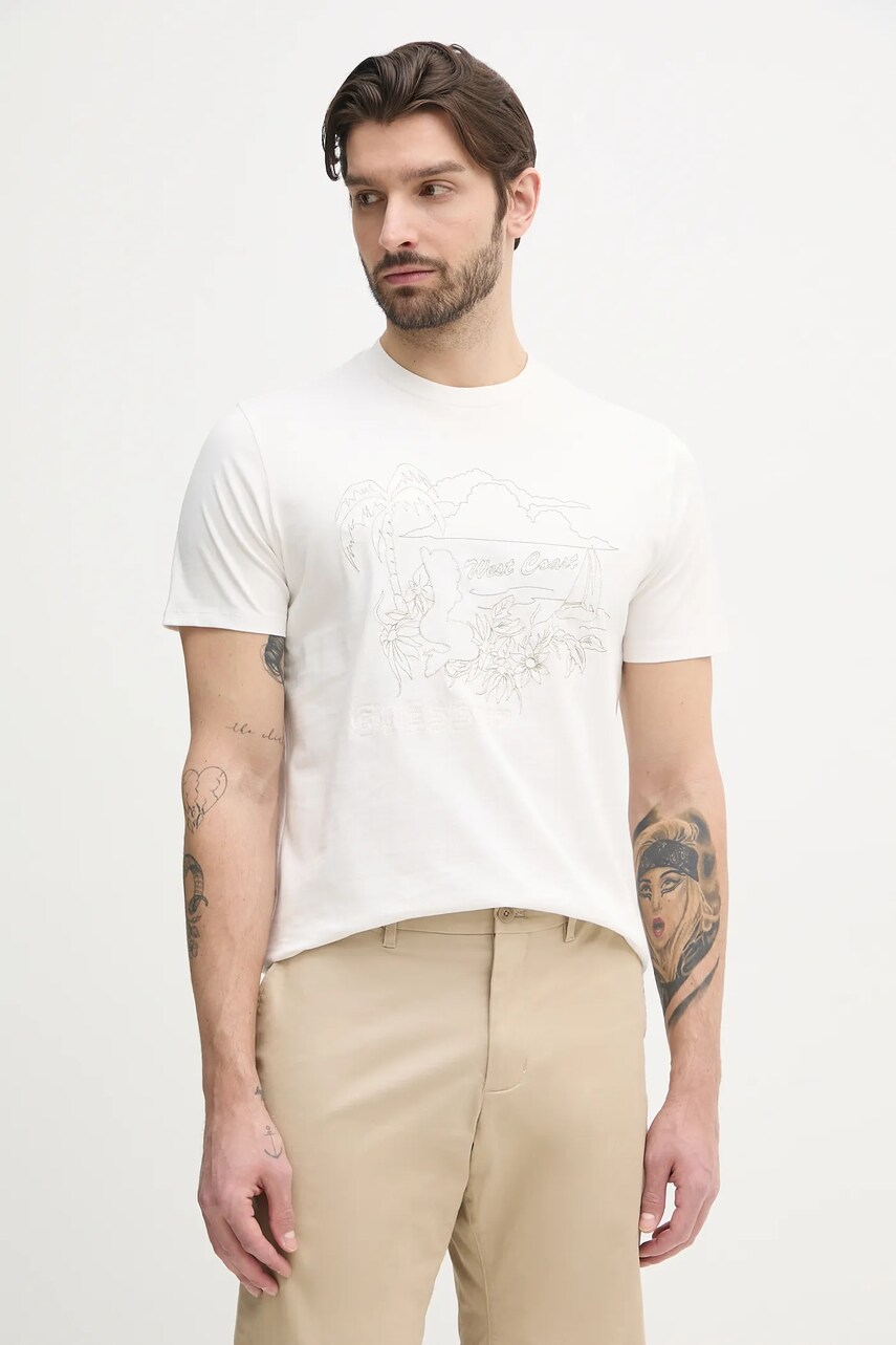 Levně Bavlněné tričko Guess béžová barva, s aplikací, M5GI39 KBW41