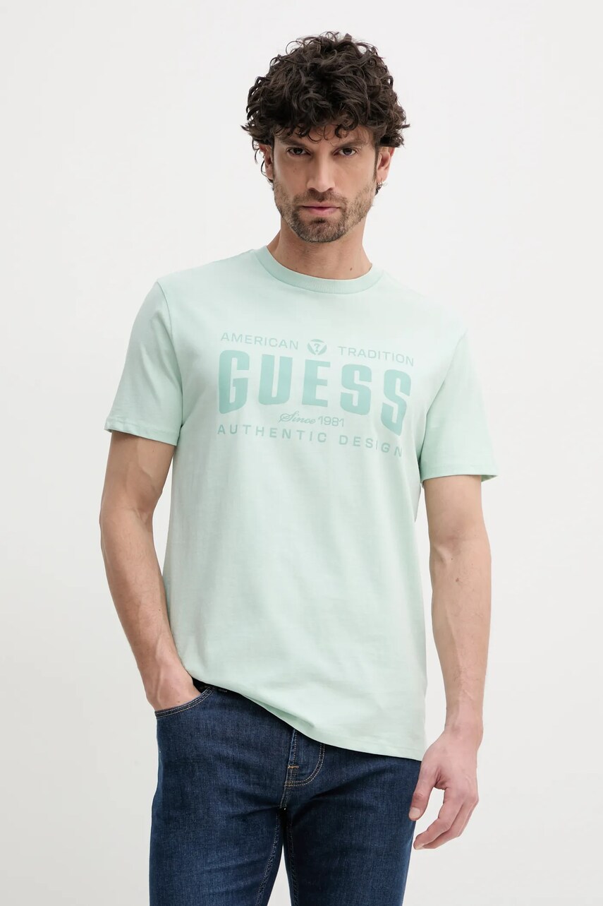 Levně Bavlněné tričko Guess zelená barva, s potiskem, M5GI27 KBW41