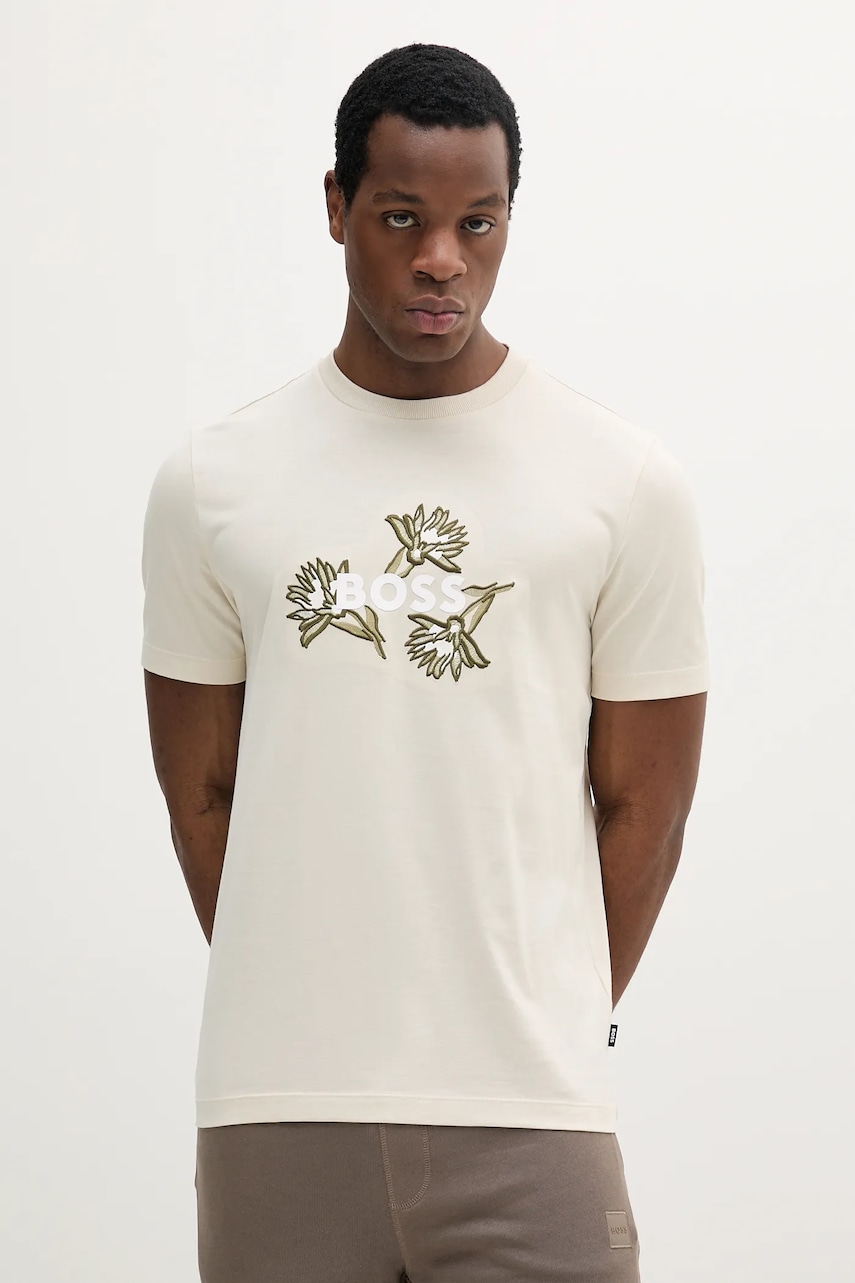 BOSS tricou din bumbac barbati, culoarea alb, cu imprimeu, 50536796