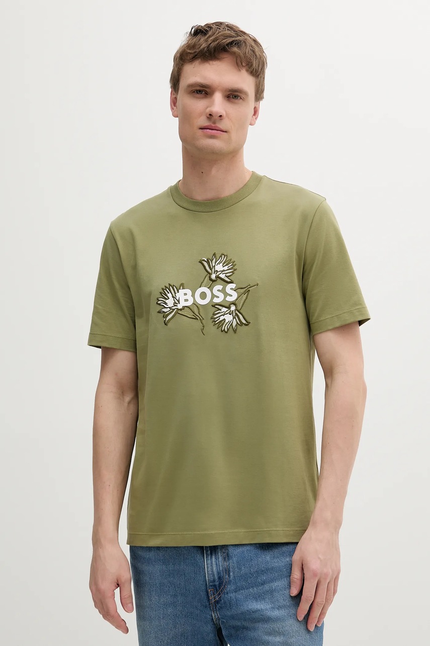 BOSS tricou din bumbac barbati, culoarea verde, cu imprimeu, 50536796