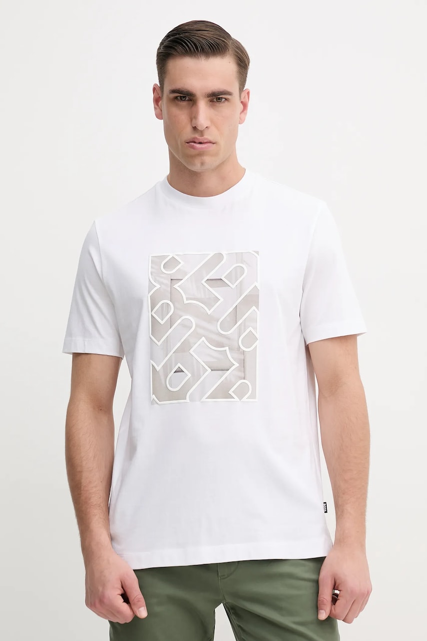 BOSS tricou din bumbac bărbați, culoarea alb, cu imprimeu, 50538438
