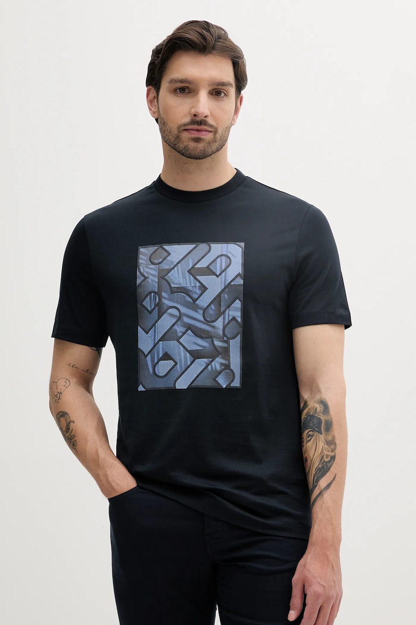 BOSS tricou din bumbac bărbați, culoarea bleumarin, cu imprimeu, 50538438