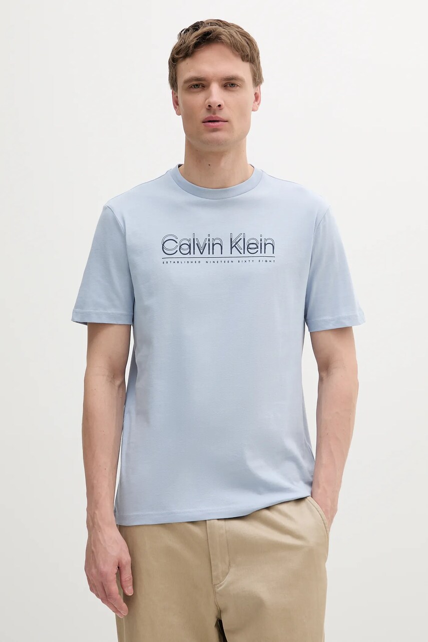 Levně Bavlněné tričko Calvin Klein modrá barva, s potiskem, K10K114149