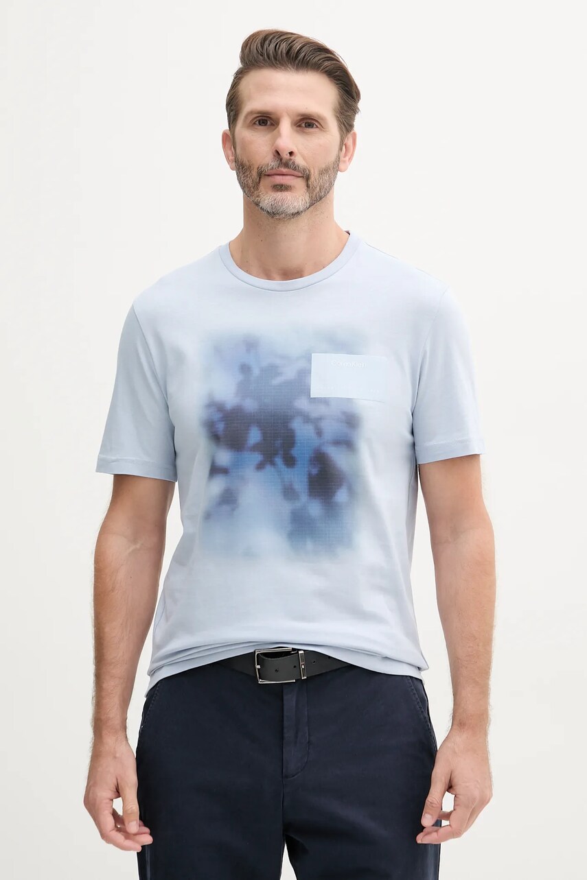 Levně Bavlněné tričko Calvin Klein pánské, modrá barva, s potiskem, K10K114157