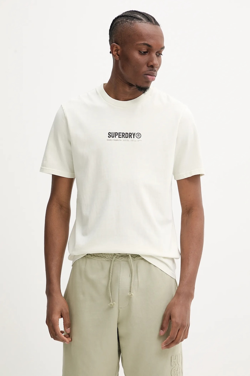 Superdry tricou din bumbac bărbați, culoarea bej, cu imprimeu, M1012116A-1KZ