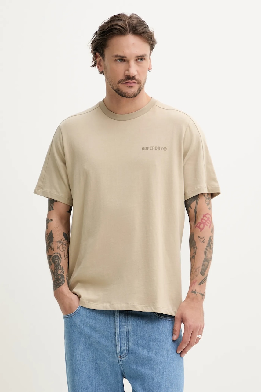 Superdry tricou din bumbac bărbați, culoarea bej, cu imprimeu, M1012225A-2DN