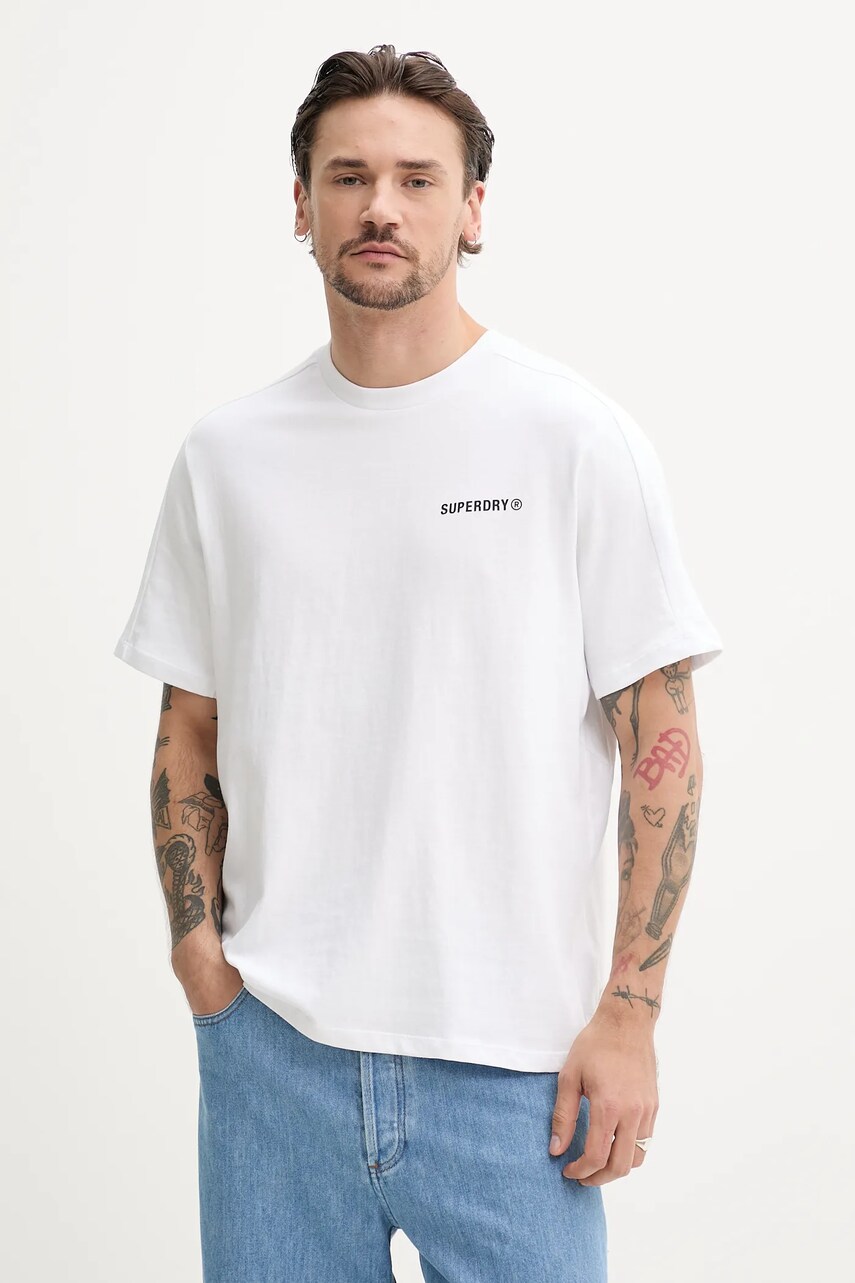 Superdry tricou din bumbac bărbați, culoarea alb, cu imprimeu, M1012225A-T7X