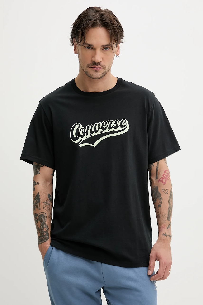 Converse tricou din bumbac barbati, culoarea negru, cu imprimeu, 10027994-A01 Converse tricou din bumbac barbati, culoarea negru, cu imprimeu, 10027994-A01