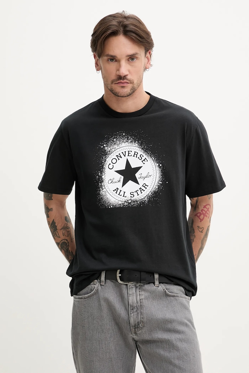 Converse tricou din bumbac bărbați, culoarea negru, cu imprimeu, 10027998-A02 Converse tricou din bumbac bărbați, culoarea negru, cu imprimeu, 10027998-A02
