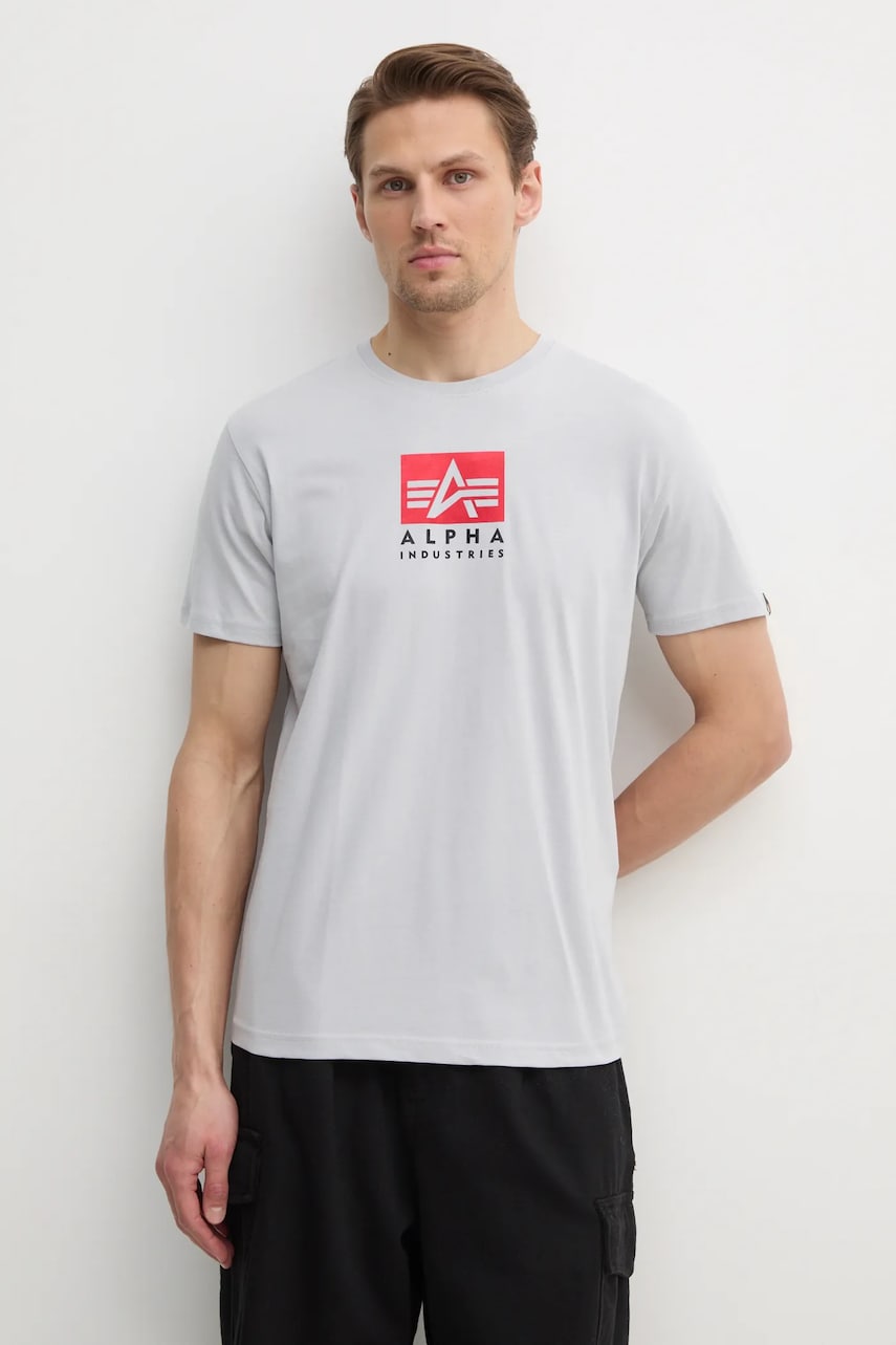 Alpha Industries tricou din bumbac Satin Logo T barbati, culoarea gri, cu imprimeu, 148513 Alpha Industries tricou din bumbac Satin Logo T barbati, culoarea gri, cu imprimeu, 148513