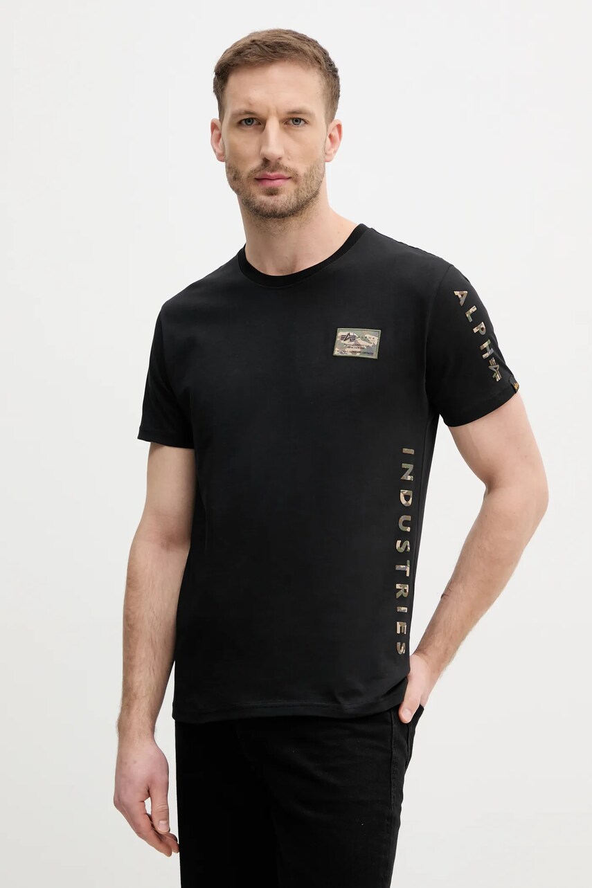 Alpha Industries tricou din bumbac Camo Sleeve T barbati, culoarea negru, cu imprimeu, 156522