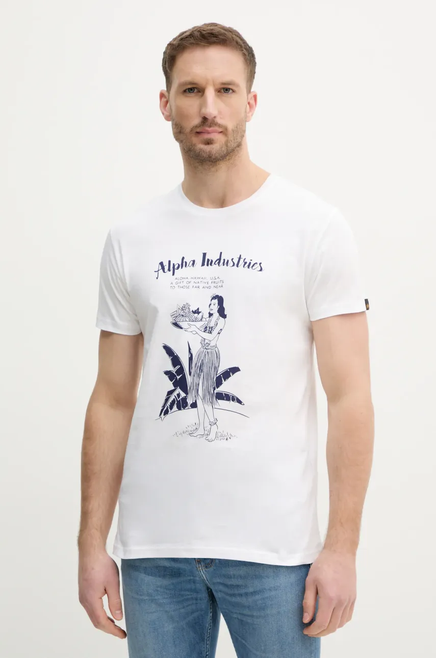 Alpha Industries tricou din bumbac Alpha Hawaii T barbati, culoarea alb, cu imprimeu, 156525