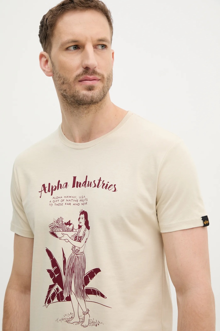 Βαμβακερό μπλουζάκι Alpha Industries Alpha Hawaii T ανδρικό, χρώμα: μπεζ, 156525 φωτογραφία