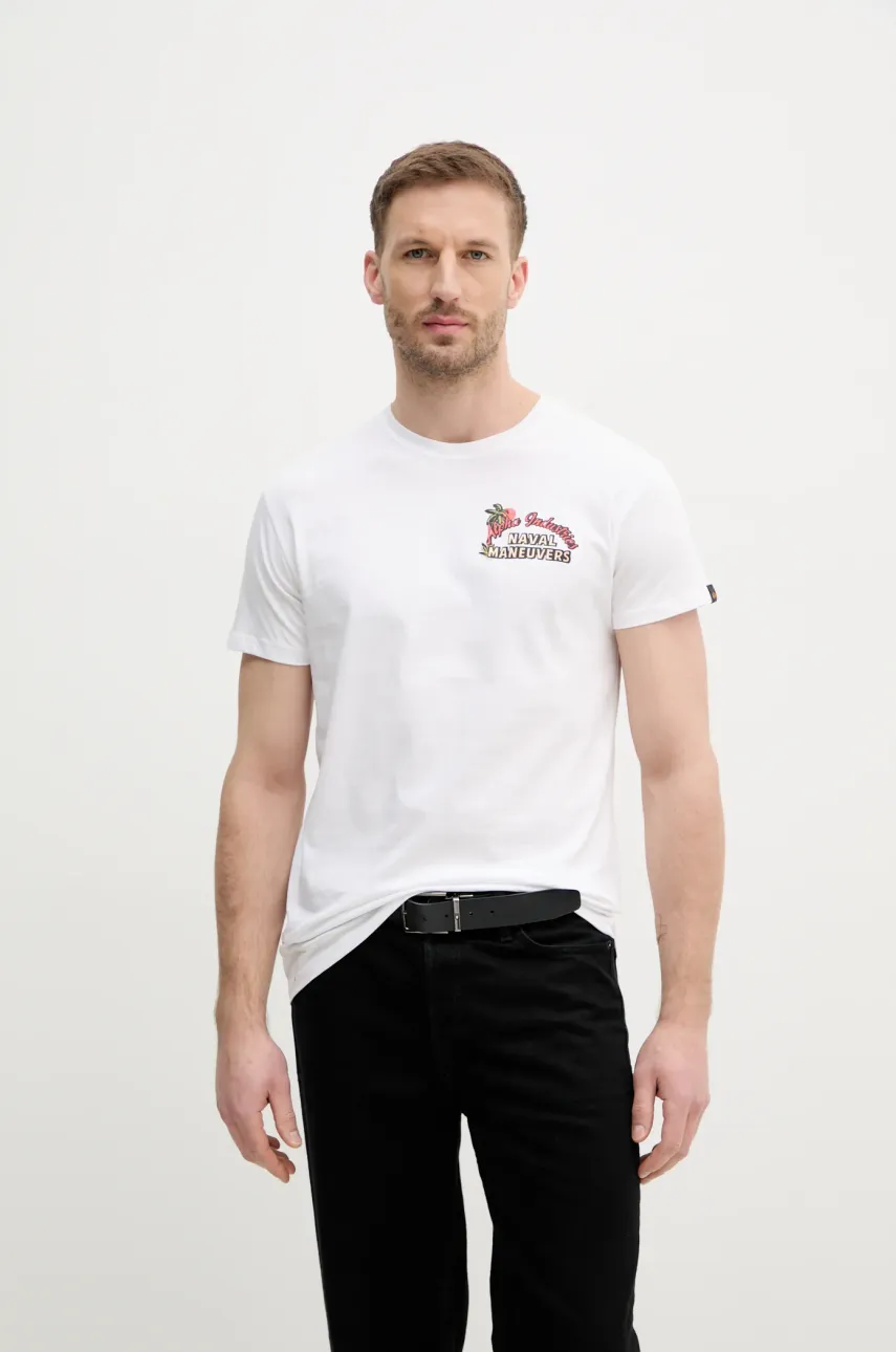 Хлопковая футболка Alpha Industries Naval T BP мужская цвет белый с принтом 156536 Хлопковая футболка Alpha Industries Naval T BP мужская цвет белый с принтом 156536