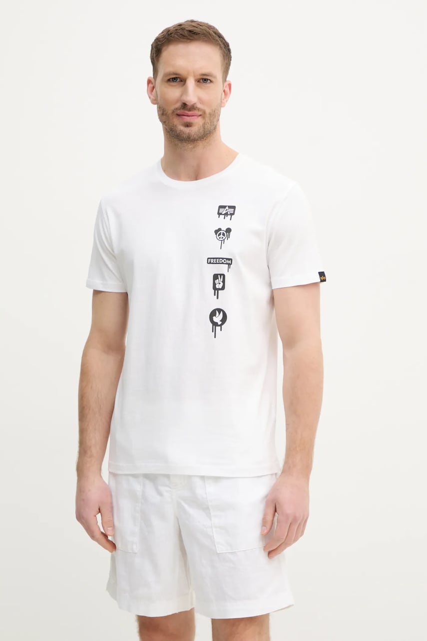 Alpha Industries tricou din bumbac Freedom T barbati, culoarea alb, cu imprimeu, 156539 Alpha Industries tricou din bumbac Freedom T barbati, culoarea alb, cu imprimeu, 156539