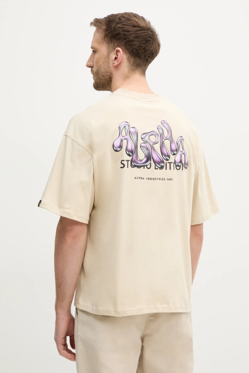 Alpha Industries tricou din bumbac Studio Edition BP T bărbați, culoarea bej, cu imprimeu, 156553 Alpha Industries tricou din bumbac Studio Edition BP T bărbați, culoarea bej, cu imprimeu, 156553