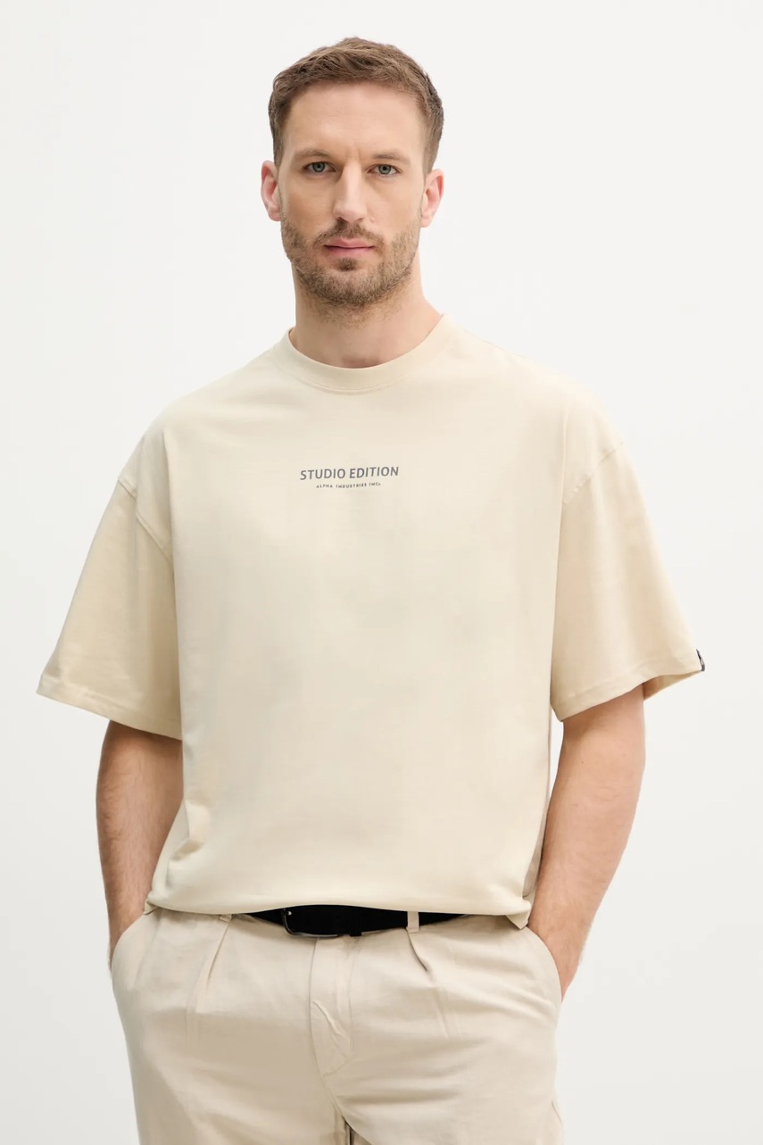 Βαμβακερό μπλουζάκι Alpha Industries Studio Edition BP T ανδρικό, χρώμα: μπεζ, 156553 φωτογραφία