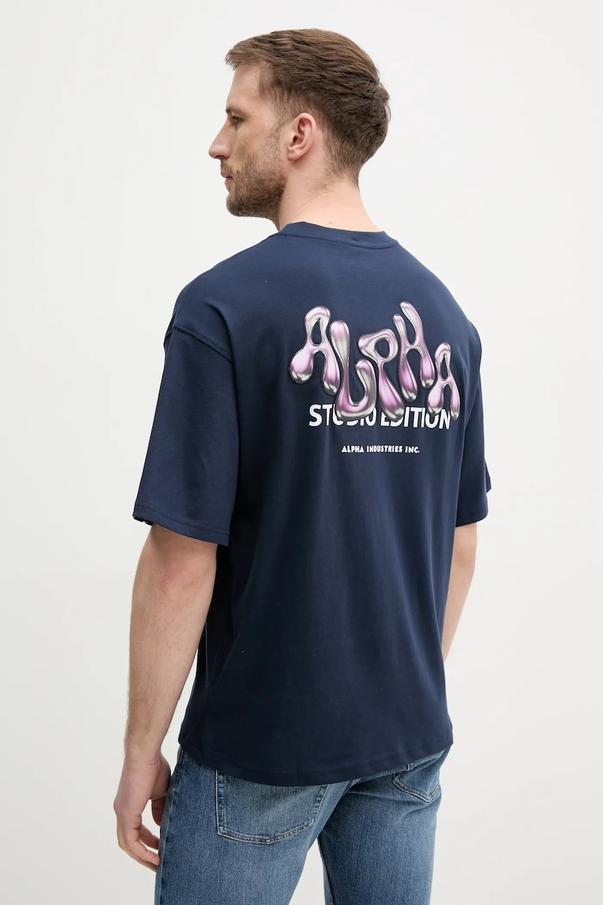 Alpha Industries tricou din bumbac Studio Edition BP T bărbați, culoarea bleumarin, cu imprimeu, 156553 Alpha Industries tricou din bumbac Studio Edition BP T bărbați, culoarea bleumarin, cu imprimeu, 156553