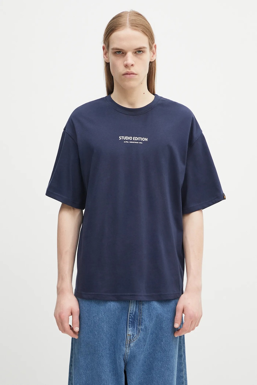 Bavlněné tričko Alpha Industries Studio Edition BP T tmavomodrá barva, s aplikací, 156553