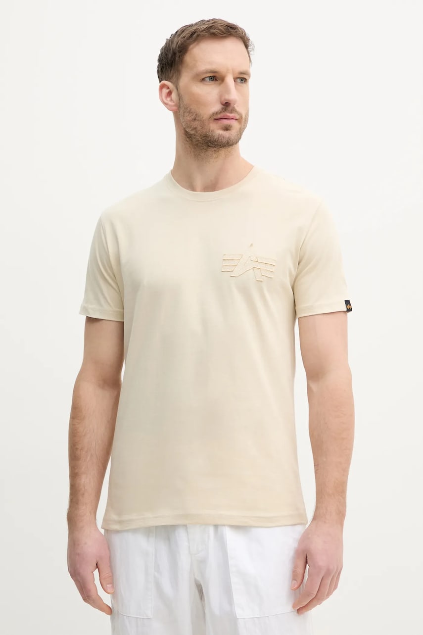 Alpha Industries tricou din bumbac Coach T BE barbati, culoarea bej, cu imprimeu, 156538 Alpha Industries tricou din bumbac Coach T BE barbati, culoarea bej, cu imprimeu, 156538